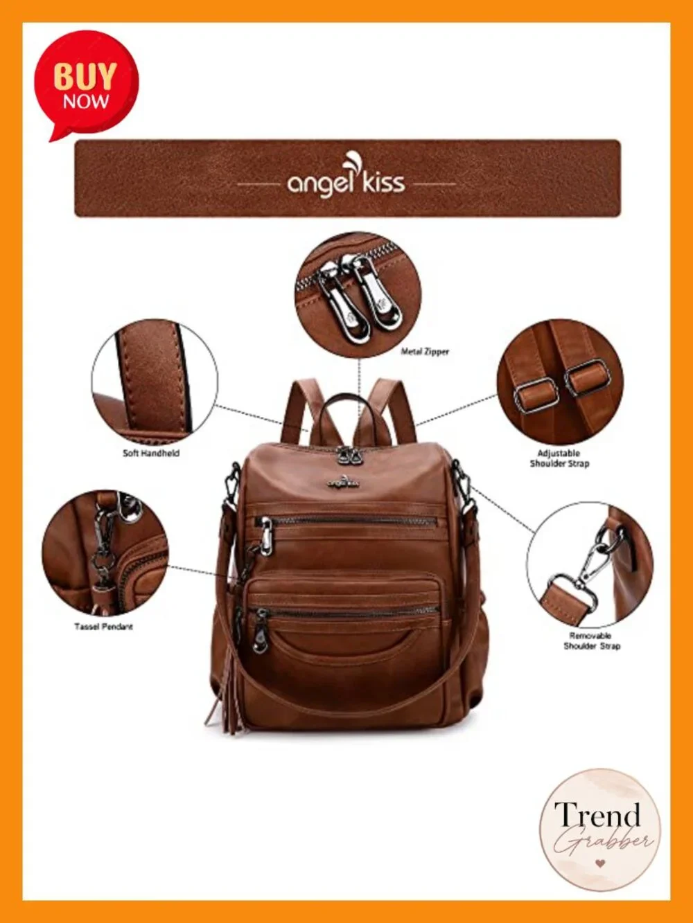 Vegan Leather Zipper Casual Backpack & Shoulder Bag with Waterproof Pocket